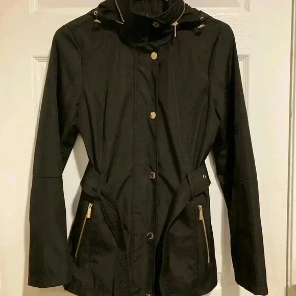 New Michael Kors Raincoat Womens w/ Belt Hideaway Zip Hood Black Sz. XS NWT - Picture 7 of 9